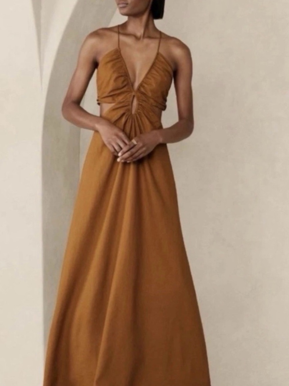 Banana Republic Golden Brown Cutout  Adjustable Strap Maxi Dress